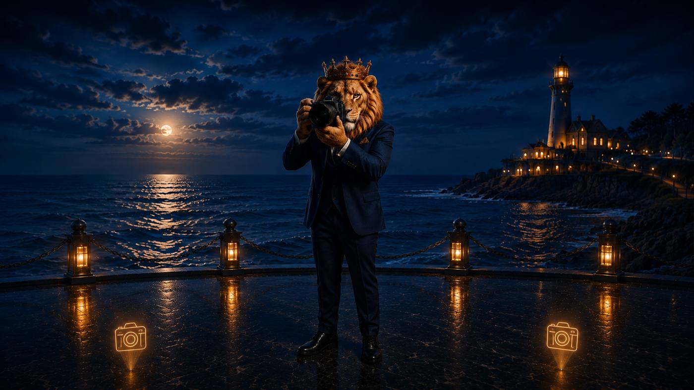 A crowned lion holding a professional camera on a moonlit coast beside a lighthouse