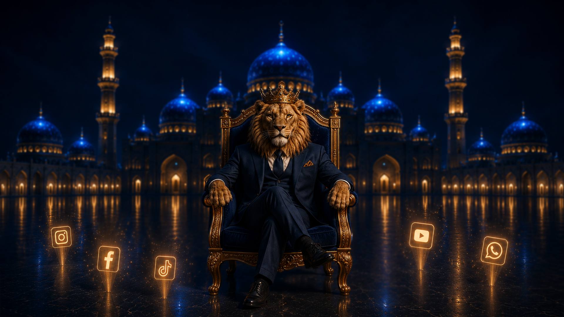 A crowned lion seated on a throne in front of an illuminated mosque at night, surrounded by social media icons